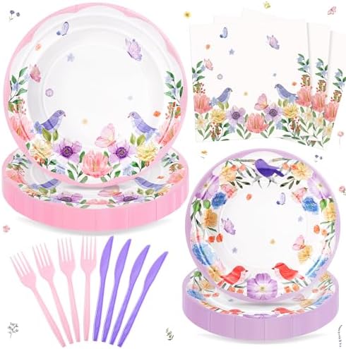 120PCS Wildflower Birthday Party Supplies, Pink Purple Floral Plates Set by FightingtoAchieve