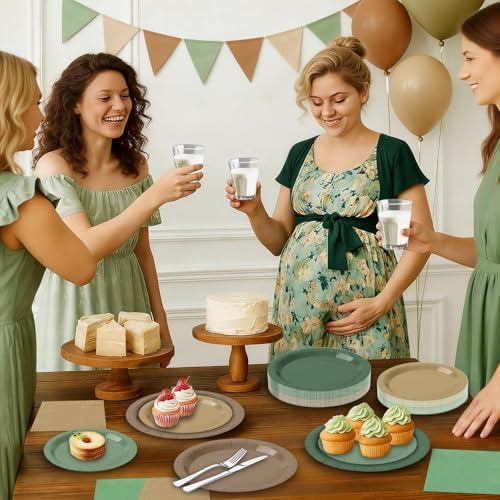 180Pcs Green and Brown Party Supplies Paper Plates and Napkins Serve 60 - Image 5