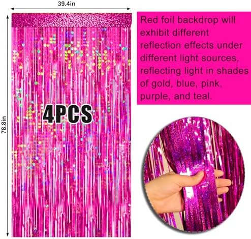 4 Packs Hot Pink Foil Fringe Curtain, Pink Glitter Metallic Tinsel Backdrop for Birthday, Wedding, Baby Shower, Bachelorette Cowgirl Princess Party Decorations Supplies - Image 6