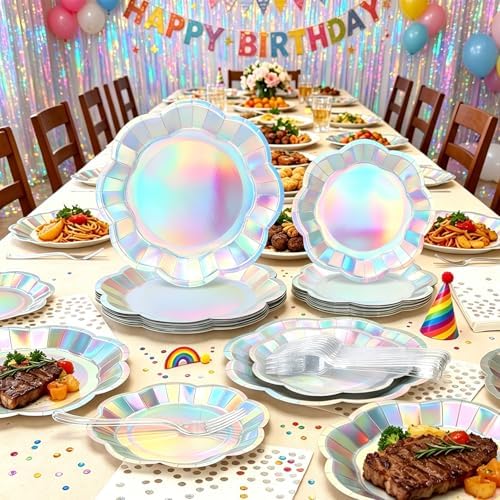 100pcs Iridescent Party Plates and Napkins | 25 7inch Dessert Plates | 25 9inch Disposable Plates | 25 Napkins | 25 Forks Holographic Party Supplies for Mermaid Birthday Wedding Bridal Shower Party - Image 2