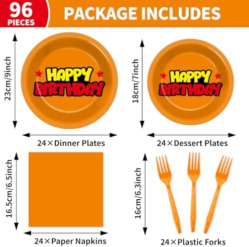 96pcs Anime Theme Birthday Paper Plates and Napkins Cartoon Anime Party Supplies Orange And Red Stars Disposable Dinnerware Tableware Set for Kids Birthday Baby Shower Decoration Serve 24 - Image 2