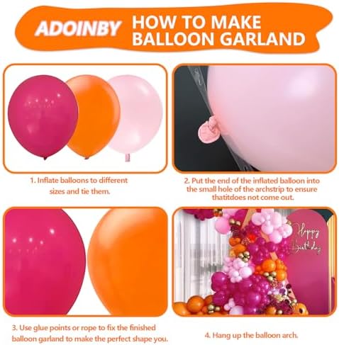 Pink and Orange Balloon Arch Kit, ADOINBY 161Pcs Hot Pink Orange Metallic Gold Latex Balloon Garland kit, 18 12 10 5 Inch Different Size Balloons for Birthday Baby Shower Wedding Party Decorations - Image 3