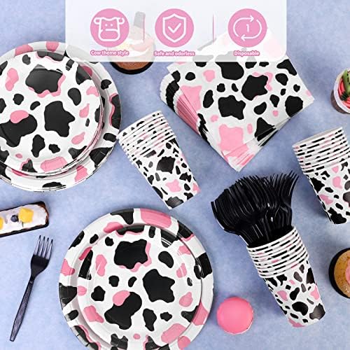 durony 144 Pieces Pink Cow Print Party Tableware Set Including Cowgirl Pink Cow Party Plates Cups Napkins Forks Serves 24 for Baby Shower Farm Cow Party Decorations - Image 4