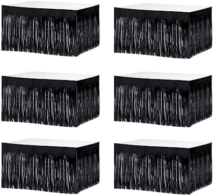 6 PCS Black Metallic Foil Fringe Tinsel Table Skirts 9 Feet x 29.5 Inch by BEAIMUXI