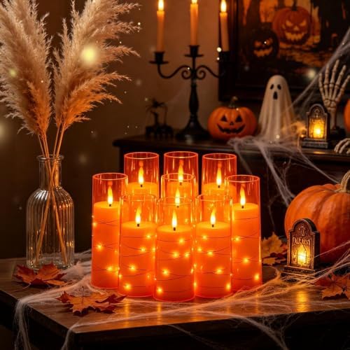 Nimiko Flickering Flameless LED Candles,Battery Operated Candles 9 Pcs with Embedded Star String,Acrylic LED Pillar Candles with Remote,Suitable for Home Decoration to Create an Atmosphere (Orange) - Image 4