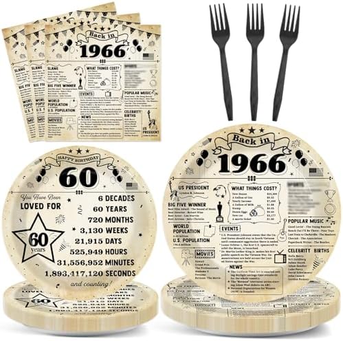 CHUNNIN 96Pcs 60th Birthday Plates and Napkins Back in 1966 Party Decorations Vintage 60 Year Old Party Dessert Plates 1966 Birthday Tableware for 24 Guests 60th Theme Men Woman Bday Parties Supplies by CHUNNIN