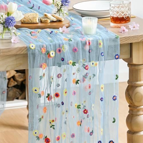 Artoid Mode Blue Embroidery Daisy Gauze Table Runner 120 Inch 10FT by ArtoidMode