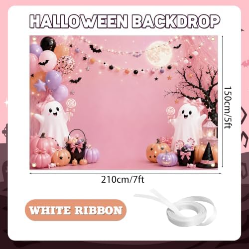 Xzentira Pink Halloween Backdrop 7x5 FT Cute Ghost Pumpkin Halloween Party Decorations Photo Booth Background for Girls Kids Adult - Image 2