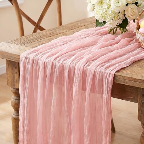 Pink Cheesecloth Table Runner, 10FT Dusty Pink Boho Gauze Table Runner for Spring Easter Girl Baby Shower Bridal Shower Wedding Tea Party Pink Birthday Decorations by Miucat