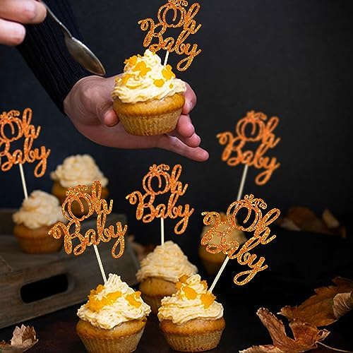 Ephlyn 24Pcs Pumpkin Oh Baby Cupcake Toppers Glitter Fall Theme Pumpkin Cupcake Picks Baby Shower Cake Decorations for Pumpkin Theme Gender Reveal Kids Birthday Party Supplies Orange - Image 4