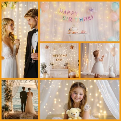 White Tulle Backdrop with Fairy Lights for Parites Wrinkle-Free Sheer Curtain Drapes Photo Back Drop for Wedding Baby Shower Bridal Shower Birthday Dance Home Décor- 10ft×8ft, White - Image 2
