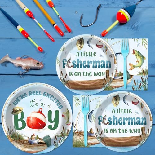 96Pcs A Little Fisherman Is On The Way Plates and Napkins Baby Shower Party Decorations Gone Fishing Dessert Disposable Plates It's A Boy Tableware Set for 24 Guests Baby Boy Birthday Party Supplies - Image 4
