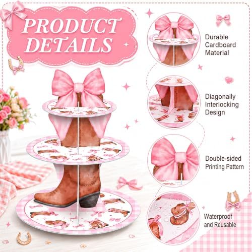 3 Tier Western Cowgirl Party Cupcake Stand Pink Bow Cupcake Tower - Image 3