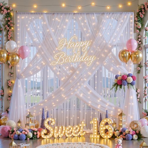 20ft x 12ft White Tulle Backdrop Curtain with Lights String for Parties Wedding Bridal Shower Sheer White Curtain Backdrop for Birthday Party Baby Shower Photo Booth Decorations - Image 3