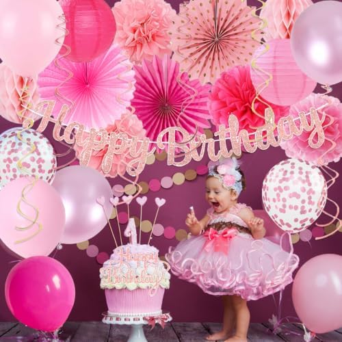 Hot Pink Boho Birthday Party Decorations - 62pcs Happy Birthday Banner, Pink Rustic Paper Lanterns, Streamers, Tissue Pom Poms, Rose Gold Blush Party Balloons, Birthday Decorations for Women Girl - Image 6