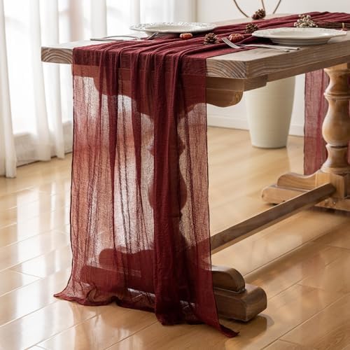 3Pcs Burgundy Cheesecloth Table Runner 120 Inches for Chirstmas Home Decor - Image 5