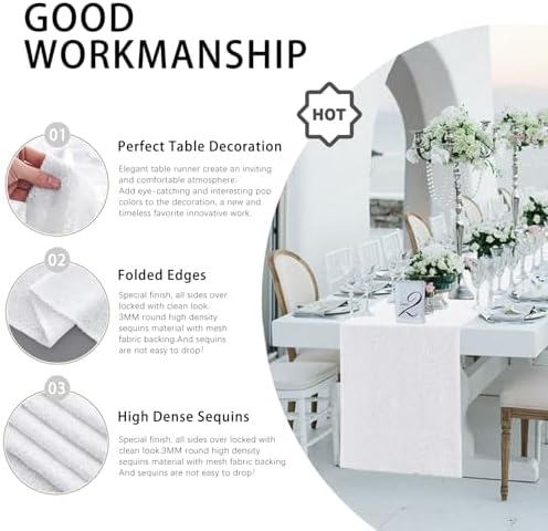 10 Packs 12 x 72 inches White Sequin Table Runner - Image 3
