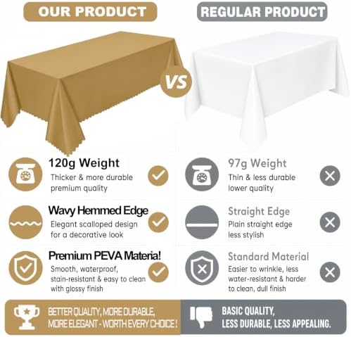 NatNarr 3 Pcs Gold Plastic Tablecloths, Scalloped Rectangle Table Cloths - Image 2
