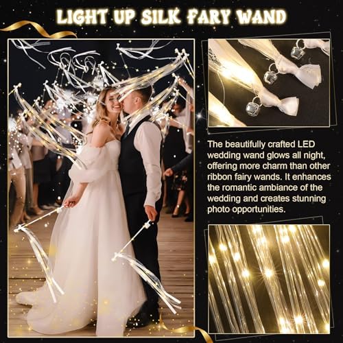 100 Pcs Wedding Wands Ribbon with 3 Colorful Flashing Modes, Light up LED Silk Fairy Wands, Glow Lace Stick with Bells for Wedding Reception, Graduation, New Year, Birthday Party (Warm White) - Image 6