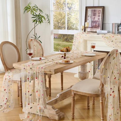 BINBE 3pcs Champagne Daisy Spring Table Runner Embroidery Gauze 10FT Florals Seasonal Tulle Holiday Birthday Kitchen Dining Table Decor for Home Party - Image 6