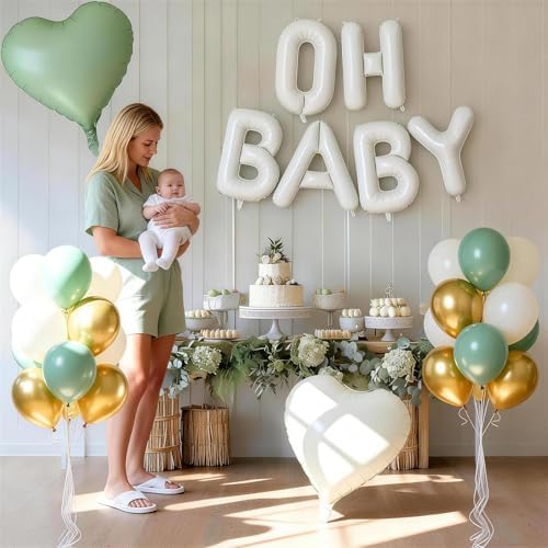Sage Green Cream Baby Shower Decorations, Welcome OH BABY Letter Foil Balloons Banner Backdrop with Olive Green Gold Beige Latex & Heart Balloon Set for Boho Newborn Babyboy Babygirl Party Decor - Image 4