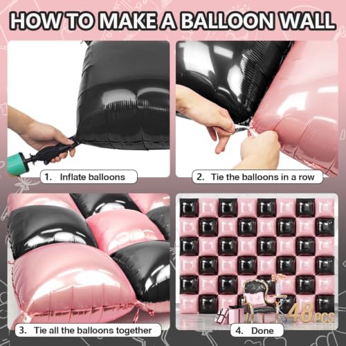 NISOCY 48PCS Black and Pearl Pink Square Foil Balloons Wall Backdrop - Image 4