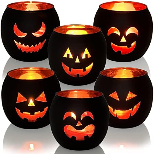 Halloween Table Decor Set of 6, Jack O Lanterns Black Glass Votive Tealight Candle Holders, Halloween Decorations Indoor Party Mantel Coffe Table Centerpiece Decor by SHMILMH