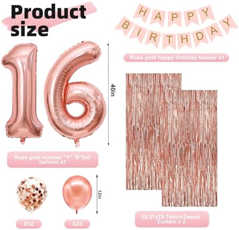 Sweet 16 Party Decorations,16th Birthday Boxes Decor for Girls Women Sweet Sixteen Happy Birthday Banner Kits Pink Rose Gold Foil Balloons Party Supplies Rose Gold Tassel Curtain - Image 2