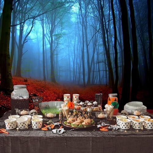 Misty Forest Backdrop Halloween Eve Dark Blue Fog Fall Autumn Maple Leaves Woods Background for Thanksgiving Party Photography Studio Photo Booth Props 5x4ft - Image 3