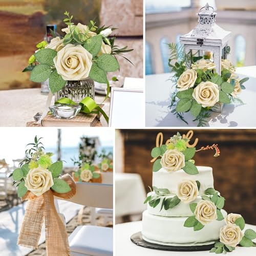 AmyHomie Beige Rose 25pcs Real Looking Artificial Flowers w/Stem - Image 3