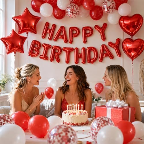 Red Birthday Decorations for Women Red and White Birthday Balloon - Image 6