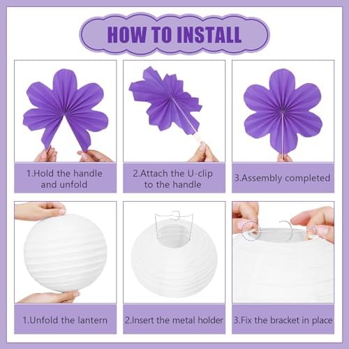 19 Pcs Purple Lilac-Lavender White Party Decorations, Hanging Paper Lanterns, Paper Flowers Fans, Tissue Pom Poms, Floral Backdrop Wall Decor for Birthday Graduation Bridal Shower Wedding Retirement - Image 3
