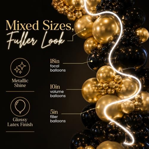 144 Pcs Large Black and Gold Balloons with 9.8ft Light Strip - Image 6