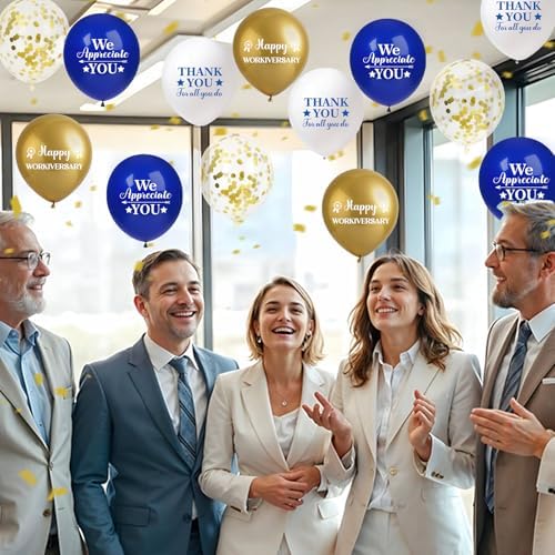 40pcs Happy Work Anniversary Decorations Balloons Blue Gold Happy Workiversary Thank You We Appreciate You Balloons Work Anniversary Decorations for Office Employee Appreciation Gifts for Worker - Image 3