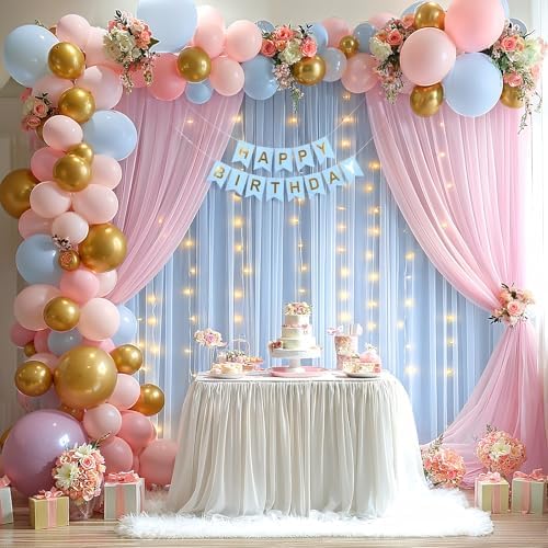 10x10ft Baby Pink Blue Tulle Backdrop Curtain with Lights String for Parites, Sheer Photo Backdrop Drapes with Lights for Wedding Backdrop Ceremony Reception Bridal Shower Baby Shower Birthday Party - Image 4