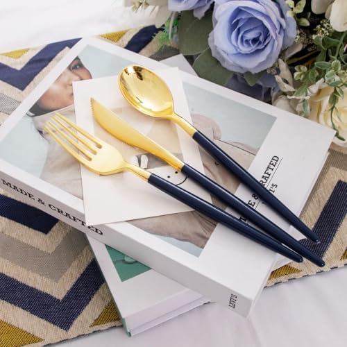 Liacere 150PCS Blue Plastic Plates - Gold Plastic Silverware with Blue Handle - Navy Disposable Plates Include 30 Guests Plates,Forks,Spoons,Knives for Party & Back to School Party & Labor Day - Image 4