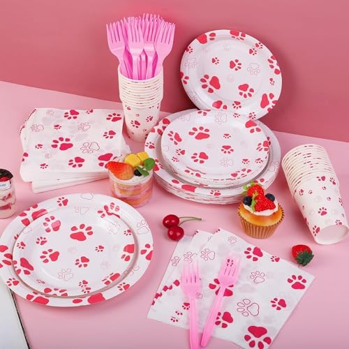 Kochorie 144 Pieces Pink Paw Print Party Tableware Sets Including Disposable Plates Napkins Cups Forks Serves 24 for Dog Puppy Theme Party Supplies - Image 4