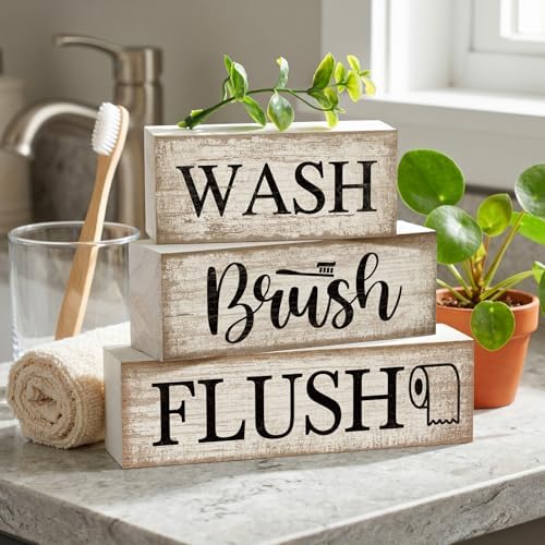 Moucuny 3 Pcs Bathroom Decor Wooden Block Signs Farmhouse Rustic - Image 3