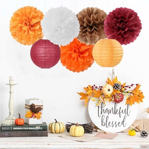 Brown Burgundy-Orange Party-Decorations Paper-Flowers Lanterns - 15PCS Fall Boho Tissue Pom Poms Streamers,Baby Bridal Shower Rustic Wedding Neutral Birthday Coffee Halloween ThanksgivingDecor Hugfond - Image 2