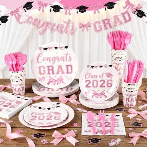 168 Pink Graduation Decor Pink Bow Class of 2026 Party Supplies - Image 4