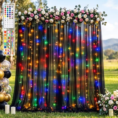 Ledido 10×8ft Black Tulle Backdrop Curtains with RGB Lights, 2 Panels 5×8ft by Ledido