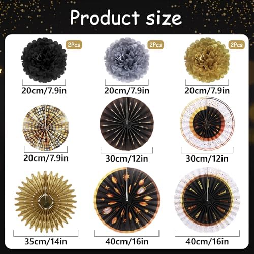 SUNBEAUTY New Years Eve Party Supplies 2026, Happy New Year Decorations Black Gold Hanging Paper Fans Tissue Pom Poms Happy New Year Banner for 2026 New Year Party Favor Supplies Decorations - Image 2