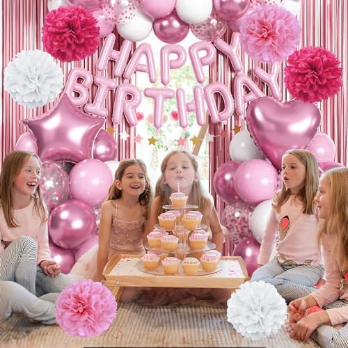 Pink Birthday Decorations for Girls, Pink White Party Balloons Happy Birthday Banner Balloon Star Heart Foil Balloon Fringe Curtain Paper Pompom for Women Bday Party Supplies - Image 5