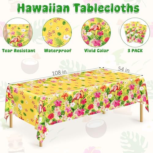 QZYL 3 PCS Hawaiian Table Cloths, 54 x 108 Inches Luau Tablecloths, Disposable Aloha Party Decorations with Summer Flamingo Palm Leaves, Plastic Luau Party Supplies Tropical Decorations for Tiki Bar - Image 2