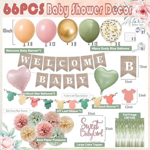 Pink Green Baby Shower Decorations Girls with Welcome Baby Banner, Paper Pom Poms, Sweet-Girl Baby Cake Topper, Retro Olive Pink Metallic Balloon Décor for Easter Jungle Safari Fairy Baby Shower Party - Image 2