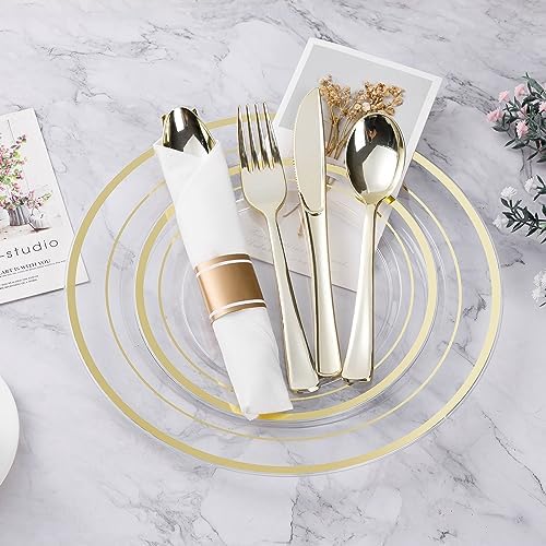 BESTVIP 350 Piece Clear Gold Plastic Dinnerware Set for 50 Guests - Image 2