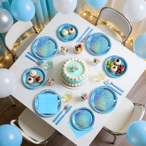 Light Blue Iridescent Party Plates & Napkins, 75 Pcs Decoration Tableware - Image 4