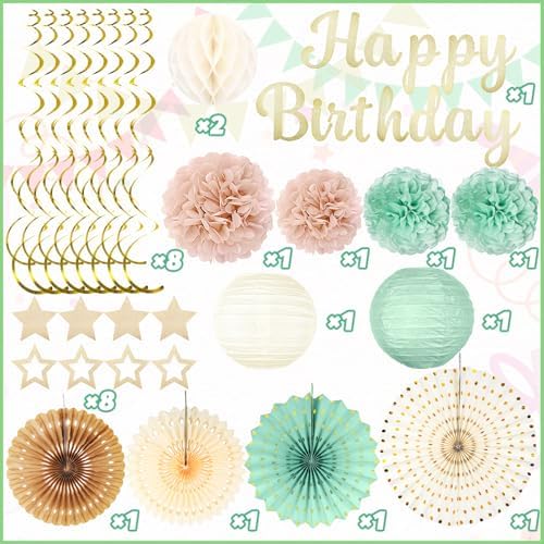Sage-Green Champagne-Gold Birthday Party-Decorations - 29pcs Beige Retro Green Party Decorations for Women Girls, Happy Birthday Banner Paper Streamers Lanterns Tissue Pom Poms - ZERODECO - Image 2