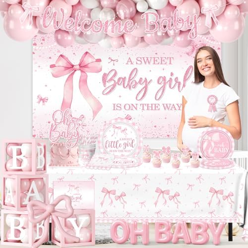 264Pcs Pink Bow Baby Shower Decorations - Pink Bow Birthday Party Supplies Include Plates Napkins Tablecloth Banner Balloons Cake Topper Coquette Baby Shower Decorations for Girls Serves 20 - Image 4