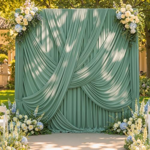 20x12 ft Sage Green Backdrop Curtains for Weddings, Birthdays and Photos by PartyVillage